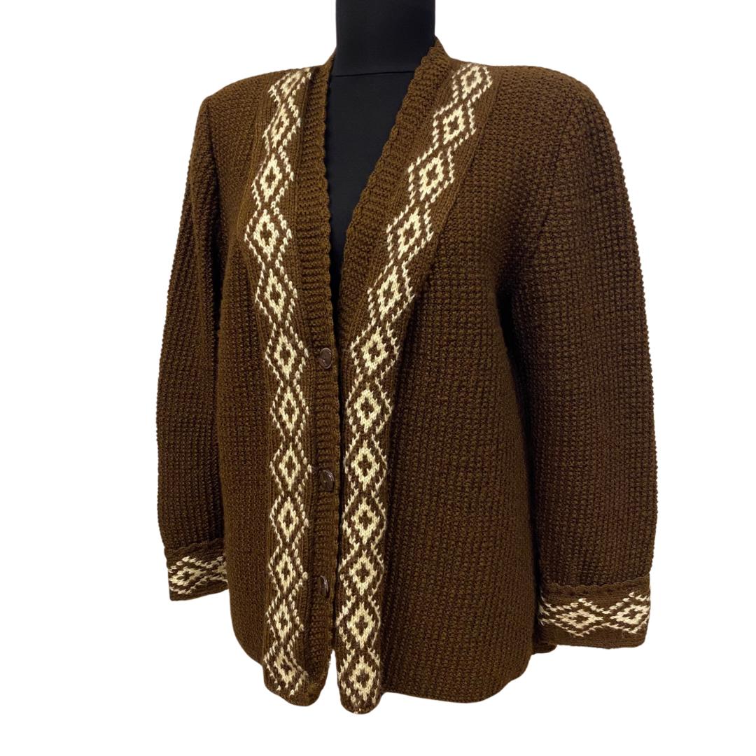 80s Handknit Geometric Nordic Cardigan Jacket – Structured Brown