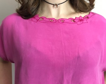 1980s Vintage Pink Silk Blouse, Women's Short Sleeve Top, Summer Top, Silk Blouse