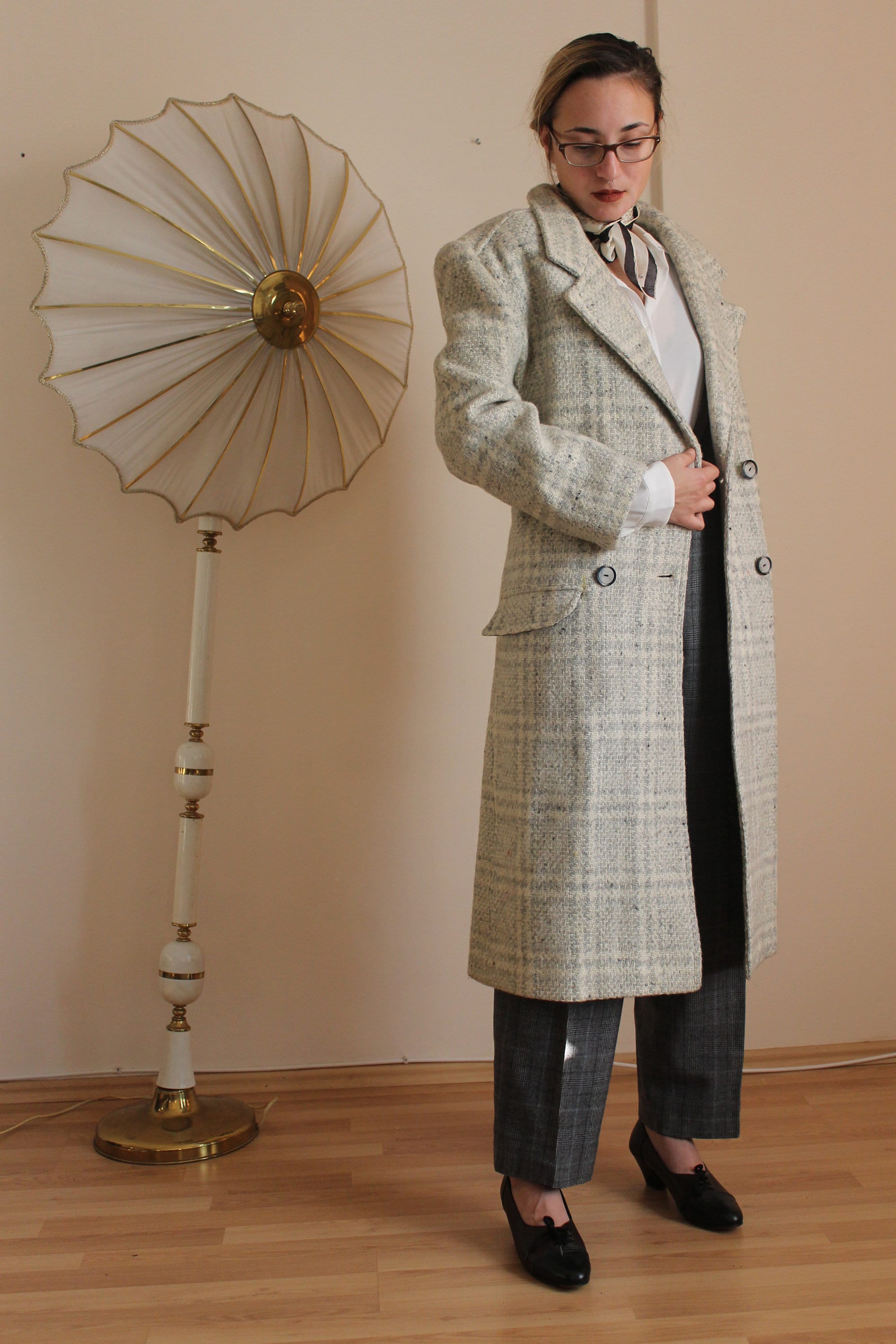 Vintage 80s Grey Coat Double Breasted Long Winter Coat With