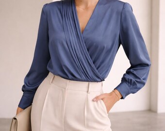 Vintage 80s Draped Blouse, Navy Blue Shoulder Pad Shirt, Quiet Luxury Top
