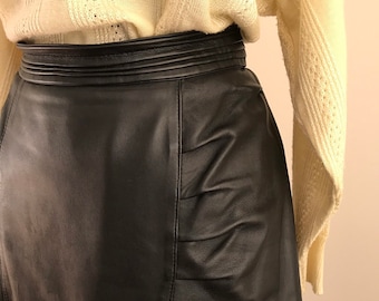 1980s Black Genuine Leather Vintage Skirt / Mid-calf Black Skirt / Women's Vintage Skirt