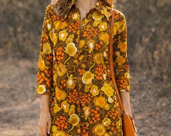 Vintage 70s Psychedelic Floral Tunic Shirt – Retro Mod Boho Triacetate Top