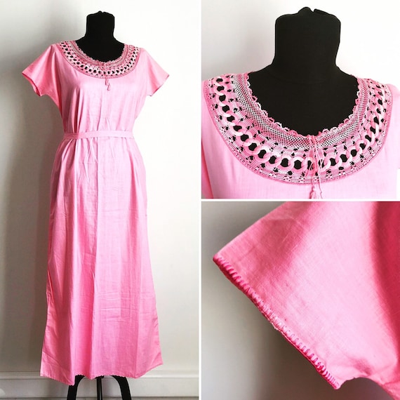 1970s Vintage Romantic Pink Night Gown with Chroch