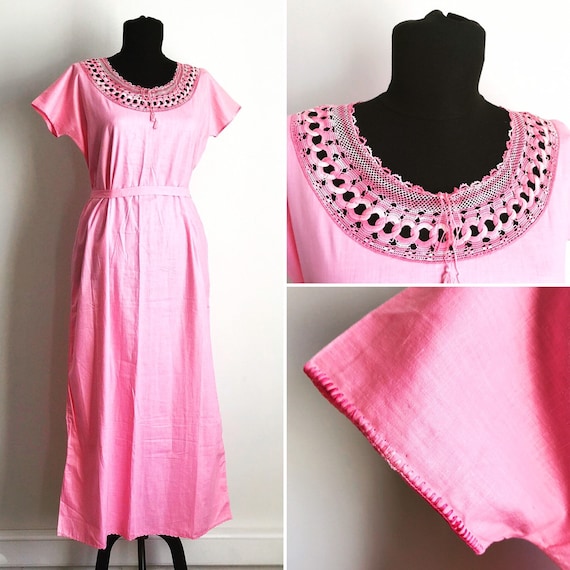 1970s Vintage Romantic Pink Night Gown with Chroc… - image 1