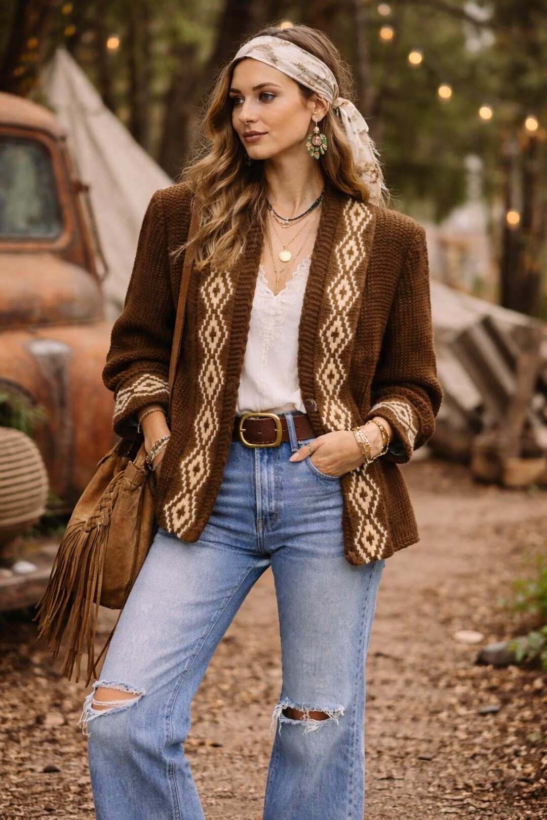 80s Handknit Geometric Nordic Cardigan Jacket – Structured Brown