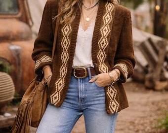 80s Handknit Geometric Nordic Cardigan Jacket – Structured Brown