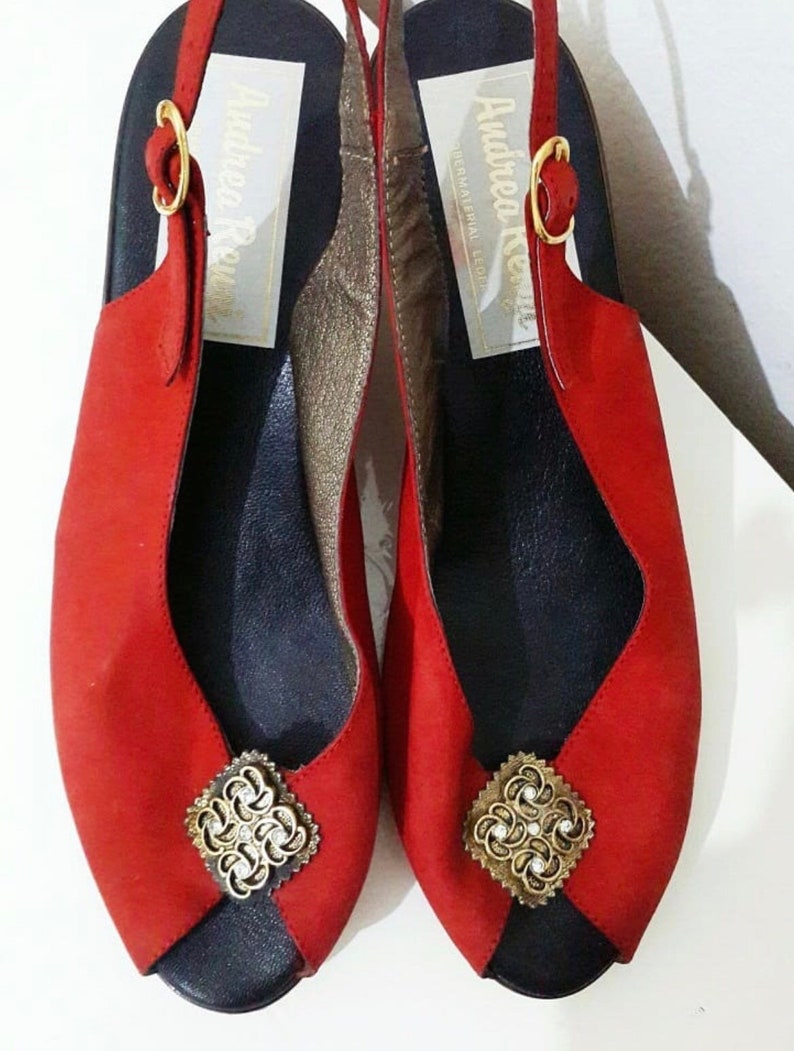 Vintage Red Andrea Renzi Sling Back Cork Heel Shoes / High