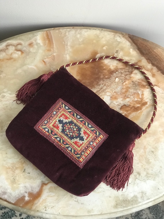 1980s Vintage Velvet Purse, Vintage Maroon Hand Ba