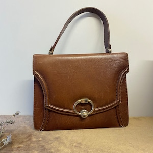 1950s Vintage Chic Brown Top Handle Purse / Hand Bag / Faux Leather Brown Bag