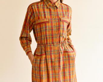 Vintage 70s Plaid Cotton Shirt Dress – Unisex Midi with Pockets, Size L