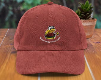 Vintage Corduroy Cap: Embroidered Burger Design, Foodie Hat