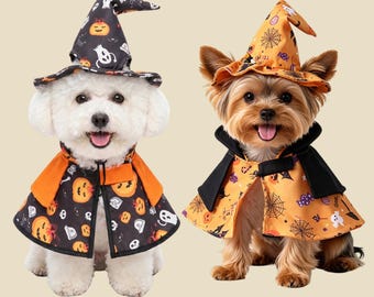 Pumpkin Halloween Pet Wizard Cloak | Adjustable Cat & Dog Costume | Spooky Cosplay Cape B23 A