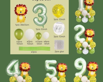 Jungle Safari-verjaardagsballonnen: folieballonset leeuw en cijfers