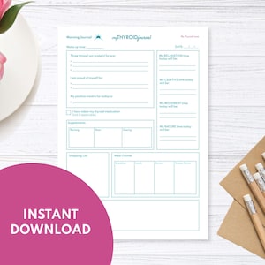 Morgen Journal Printable Tagesplaner PDF Positive Mindset Hashimoto's Hypothyroid Tracker Mahlzeitenplan A4 A5 US Letter Thyroid Journal