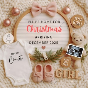 Christmas Girl Pregnancy Announcement | It&#39;s a Girl Holiday Gender Reveal | Santa Baby Editable Template | Digital Pregnancy Announcement