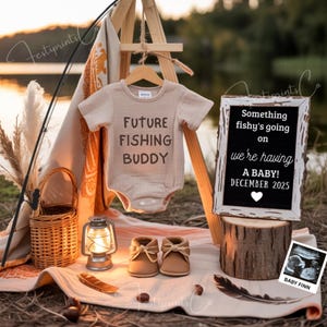 Simple Fishing Pregnancy Announcement Digital Template, Editable Cute Fishing Buddy Pregnancy Announce, Fishing Baby Reveal Social Media