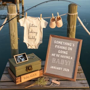 Fishing Adventure Pregnancy Announcement Digital Daddy&#39;s Fishing Buddy Baby Announcement Editable Outdoor Baby Reveal Something Fishy Reveal