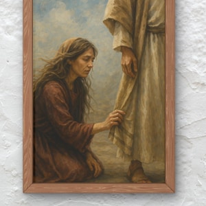 Può includere: Dipinto incorniciato raffigurante una donna inginocchiata che tende la mano verso una figura in abiti fluenti. L'opera utilizza una tavolozza di colori caldi con toni terrosi e uno stile morbido e pittorico. La donna indossa un copricapo e un abito lungo.