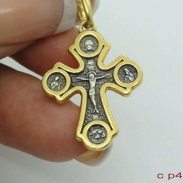 Russisch-orthodoxe Kreuz 925 Sterling Silber & 24K Gold Anhänger aus Jerusalem, christian Anhänger, Hollyland Kreuz, Geschenk für, Weihnachten (c p436)