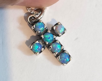 Cross with Blue opal Made in Israel Art sterling silver blue stone Pendant Tiny gemstone cross Free shipping ready to ship Handmade Gift