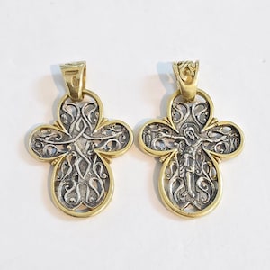 Croix orthodoxe russe fabriquée à la main en argent sterling 925 et en filigrane d&#39;or 24 carats, terre sainte. Cadeau unique ! (c p.424)