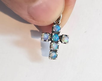 Opal 925 silver Cross, Blue opal, Israel art sterling silver blue opal pendant , Tiny cross, Free shipping, ready to ship