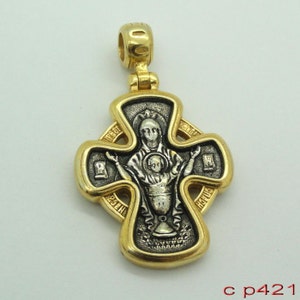 cross pendant, Hand made Russian Orthodox Cross 925 sterling silver & 24K Gold Pendant. Unique Gift c p421 image 6