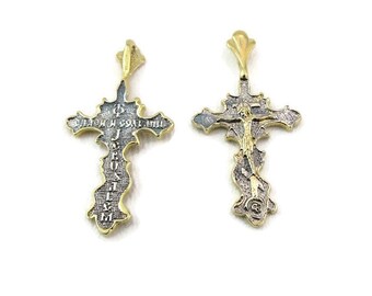 Religious Jewelry, Sterling Silver & 24 Gold Plated Cross, Easter, Orthodox Cross, Two sides Pendant, Unique Gift, Save and Protect (4084