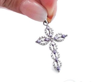 Gemstone Sterling Silver Cross Pendant Religious Israeli Jewelry Jewelacross Orthodox Cross with Amethyst CZ Eastern Christmas Gift (4036)