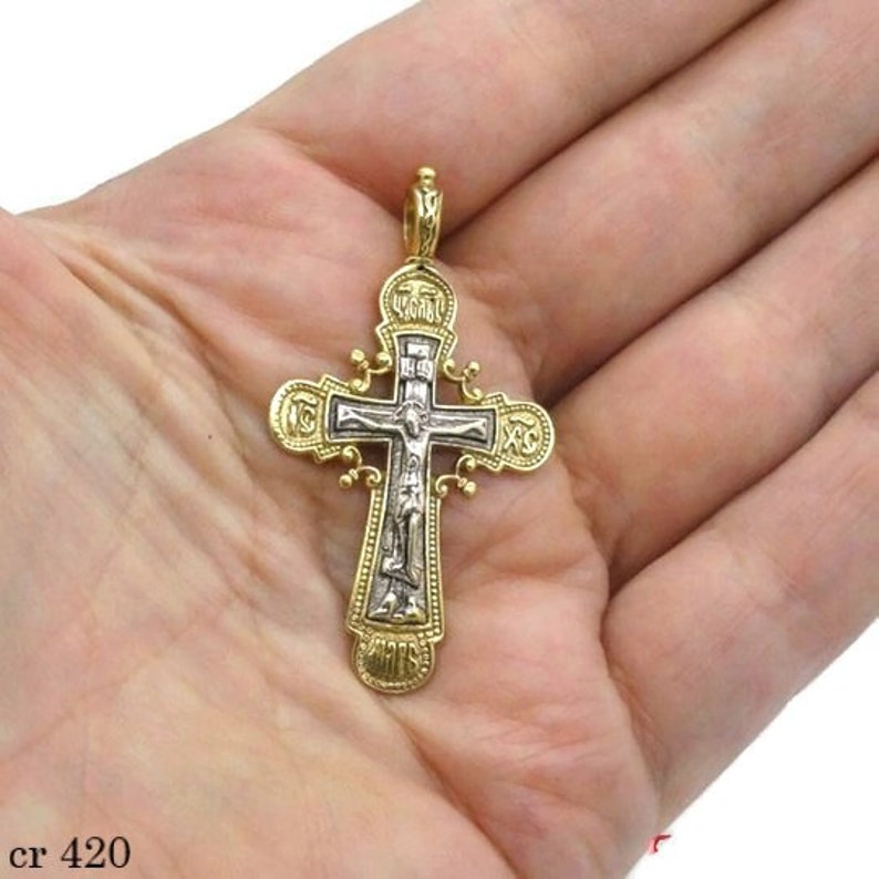 925 Sterling Silver & 24K Gold Plated Russian Orthodox Cross. Hand made cross. Unique Gift c p420 image 5
