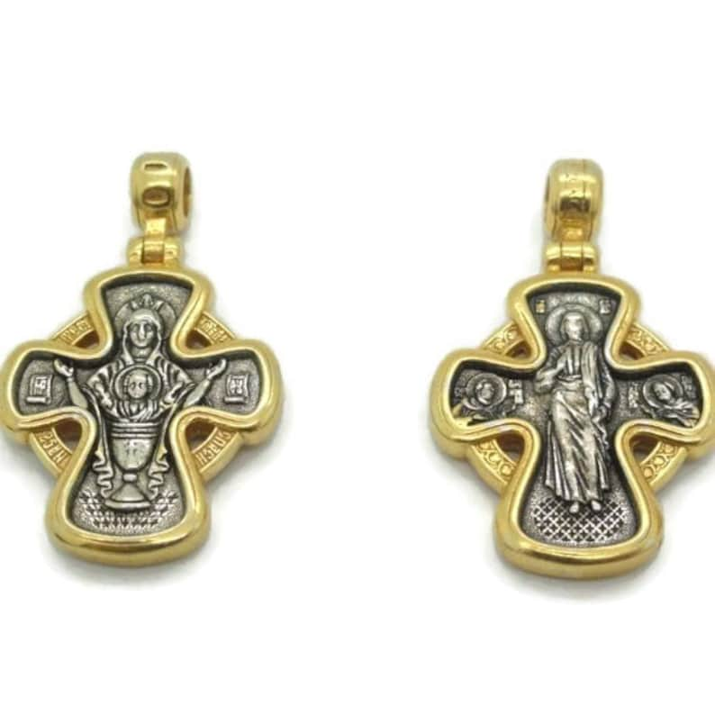 cross pendant, Hand made Russian Orthodox Cross 925 sterling silver & 24K Gold Pendant. Unique Gift c p421 image 2