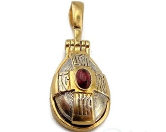 Gemstone Medallion Sterling Silver 9k Yellow Gold Pendant with Garnet Russian Orthodox Church Religious Jewelry Eastern Christmas (cr 402)