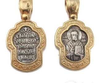 Medallion of St. Nicholas Religious Jewelry Russian Orthodox Church Sterling Silver 24K Gold Plated Charm Pendant Eastern Christian(cr 4006)