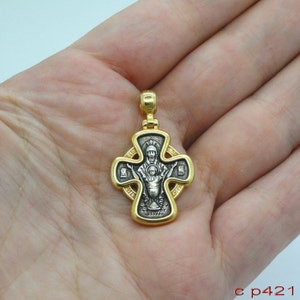 cross pendant, Hand made Russian Orthodox Cross 925 sterling silver & 24K Gold Pendant. Unique Gift c p421 image 3