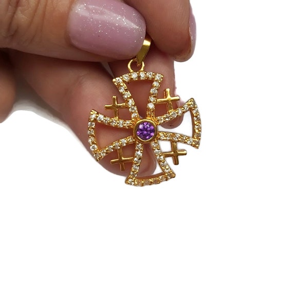 Crucifix, Gemstone 24k Gold Plated Cross Pendant, Made in Israel, Religious Jewelry, Cross Amethyst & CZ, Jerusalem Cross, Gift (el 56)