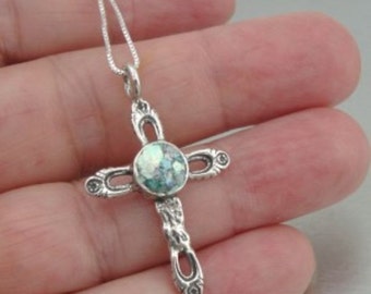 Charming Israel Handmade Silver Roman Glass Cross Pendant (as rg1)