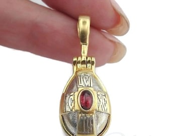 Gemstone Medallion Sterling Silver 9k Yellow Gold Pendant with Garnet Russian Orthodox Church Religious Jewelry Eastern Christmas (cr 402)