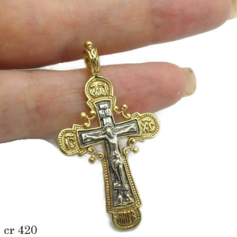 925 Sterling Silver & 24K Gold Plated Russian Orthodox Cross. Hand made cross. Unique Gift c p420 image 1