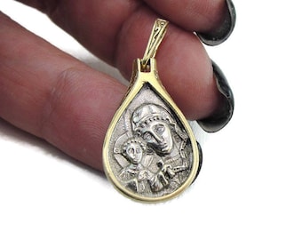 Religiöser Schmuck, Sterlingsilber und 24 Karat vergoldeter Anhänger, Russisch-Orthodoxes Medaillon, Ikone, Christliche, Jungfrau Maria (1086