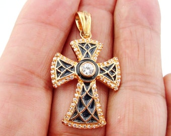 Charm Gold Plated Cross Israeli Jewelry Jewelacross Cross Pendant Religious Jewelry Gold Cross with CZ Save and Protect Easter Gift (4011)