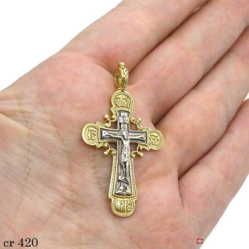 925 Sterling Silver & 24K Gold Plated Russian Orthodox Cross. Hand made cross. Unique Gift c p420 image 3