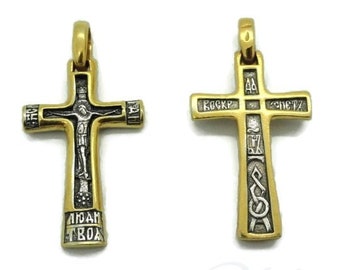 Handmade Crucifix Russian Orthodox Cross sterling silver 24K Gold Pendant Religious Jewelry Eastern Christmas Gift Cross Pendant (cr 422)