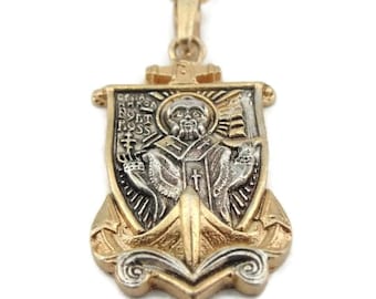 Charm Medallion Russian Orthodox Church Sterling Silver 24k Gold Plated Pendant Jerusalem Blessing Eastern Religious Jewelry Gift (cr 4040)