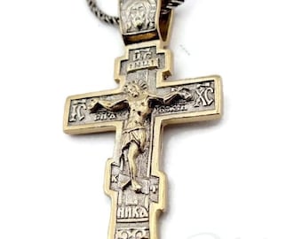 Save and Protect Sterling Silver & 24K Gold Plated Russian Orthodox Cross Pendant Handmade Eastern Religious Jewelry Crucifix (cr 401)