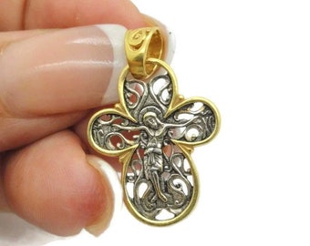 Hand made Russian Orthodox Cross 925 sterling silver & 24K Gold filigree Pendant cross ,holy land. Unique Gift! (c p424 )