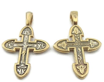 925 Sterling Silver & 24K Gold Plated Russian Orthodox Cross. Hand made cross. Unique Gift!!! (c p4045)