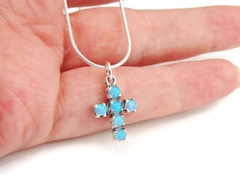 Opal 925 silver Cross, Blue opal, Israel art sterling silver blue opal pendant , Tiny cross, Free shipping, ready to ship