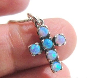 Cross with Blue opal Made in Israel Art sterling silver blue stone Pendant Tiny gemstone cross Free shipping ready to ship Handmade Gift