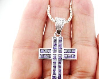 Gemstone Sterling Silver Cross, Israeli Jewelry, Religious Jewelry, Russian Cross Pendant, Orthodox cross, Cross with Amethyst (cr 4038)