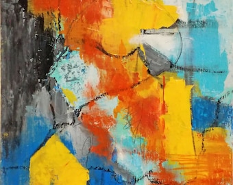 Original Colourful Abstract Painting in Orange, Yellow and Blue